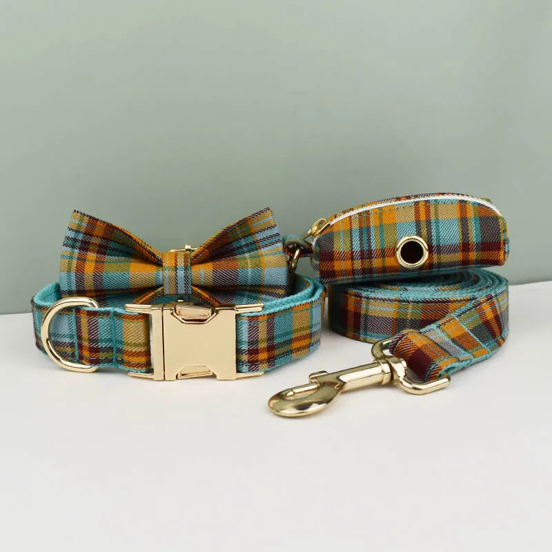 Custom Design Logo Cotton Pet Accessories Personalized Dog Collar Leashes Harness Bow Set Manufacturers Grid13-02
