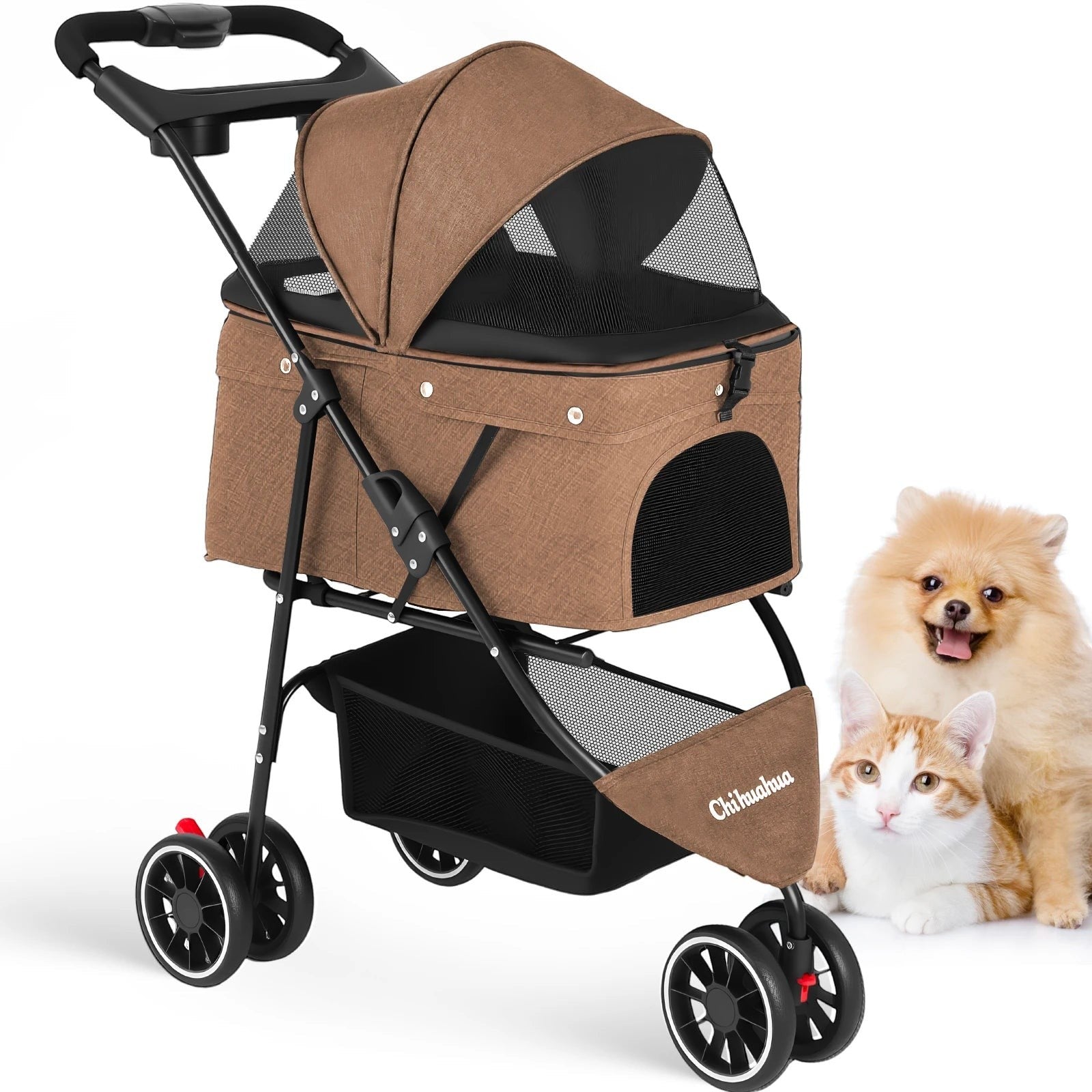 Mincy Pets Foldable 3-Wheel Pet Stroller with Mesh Canopy product photo.