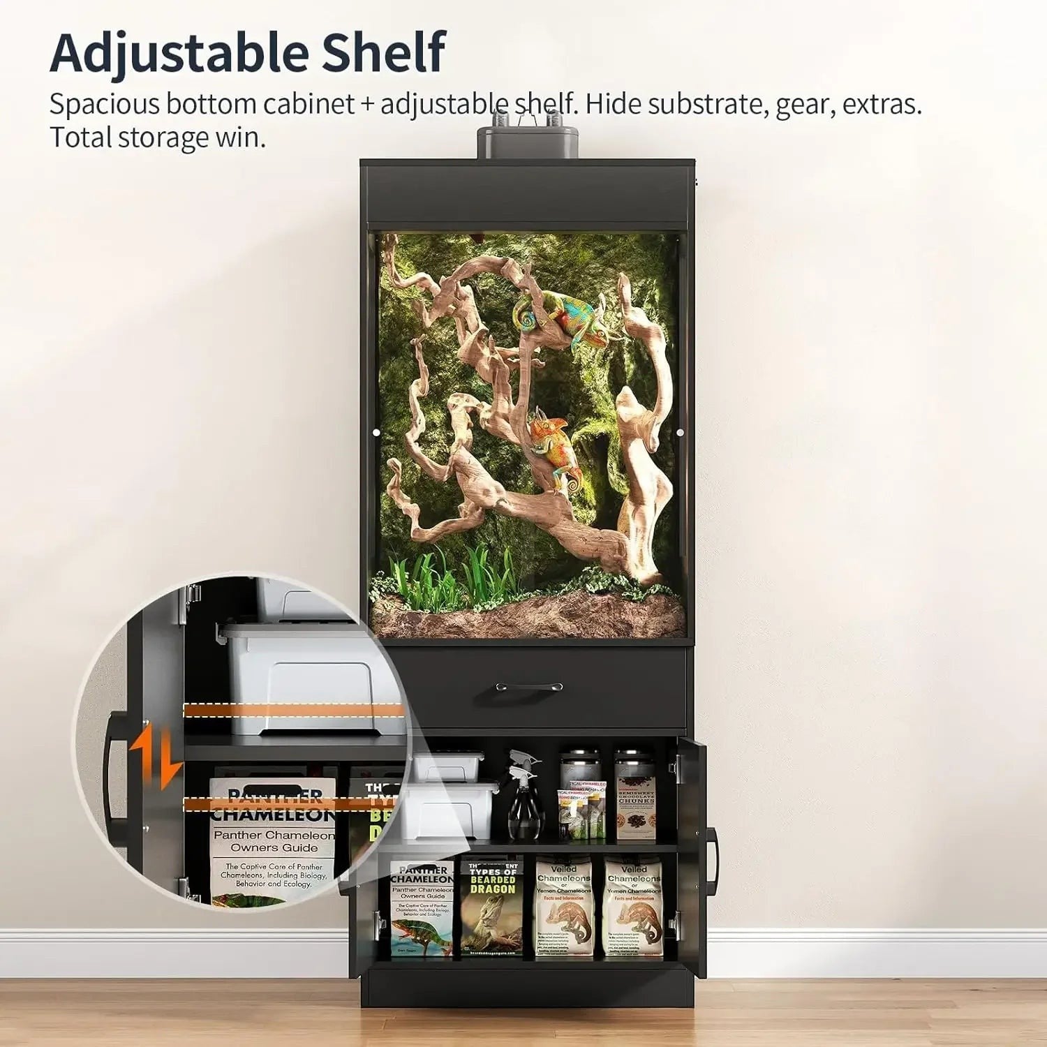 67 Gallon Reptile Tank Stand Reptile Enclosure Cabinet Lizards Gecko Skinks Snakes Reptile Terrarium Power Outlet Sliding Acryli