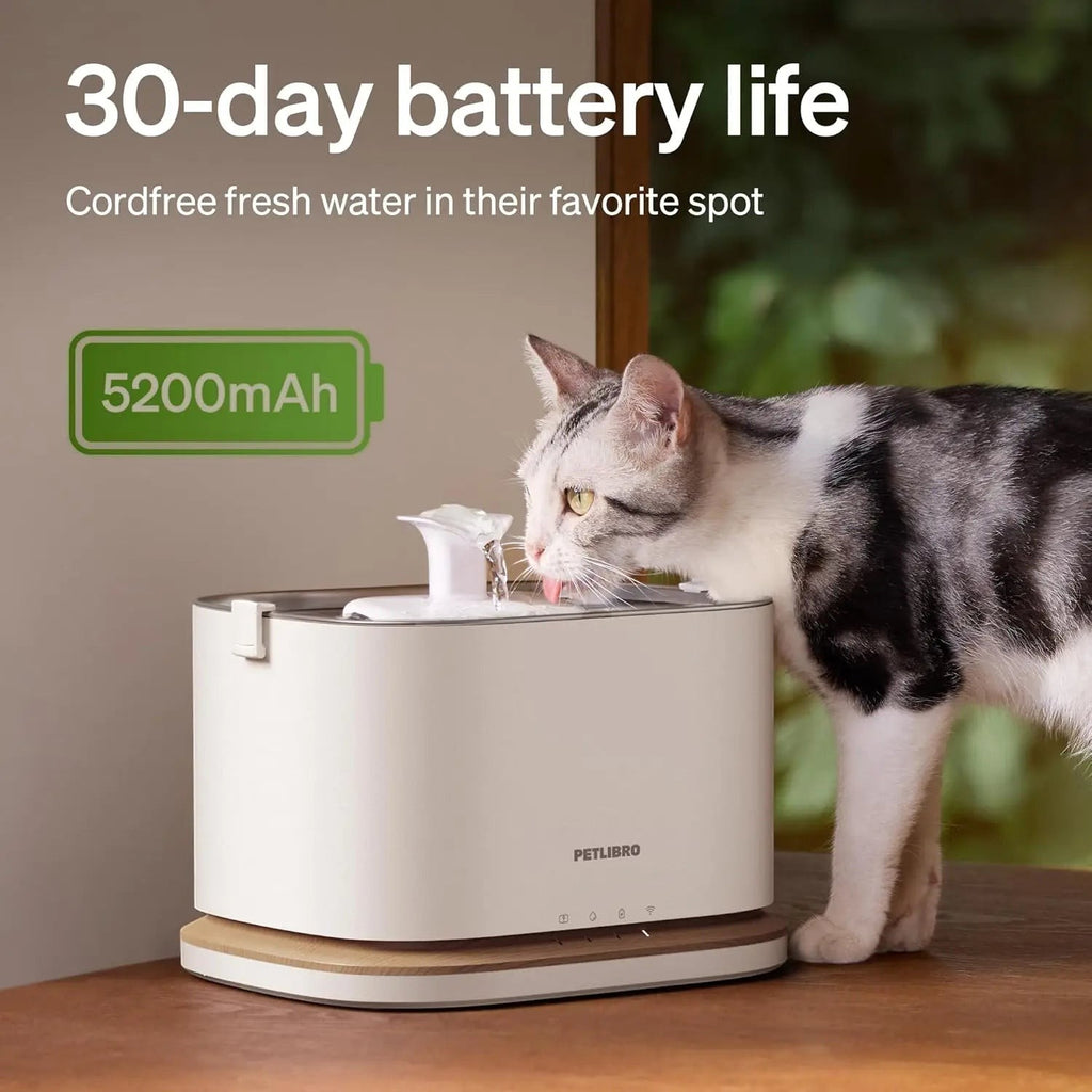 Wireless Cat Water Fountain with App Monitoring, 3L/101oz Cordless Pet Water Dispenser with Stainless Steel Tray, 5GHz WiFi
