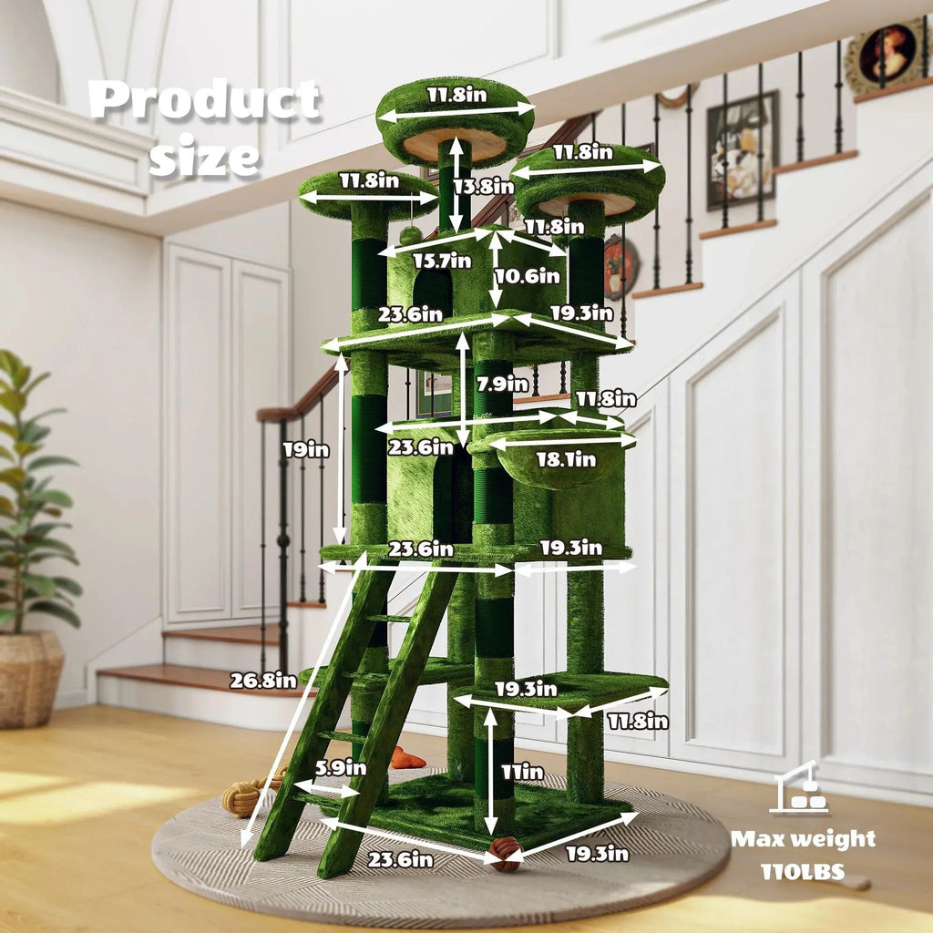 Large 70.87in Cat Tree W/2 Private Condos,3 Perches&Hanging Hammock,Skin-Friendly Short Plush&No Sharp Edges,Natural Sisal Scratching Areas,Safe & Stable for Multi-Cat Families,Kittens to Senior Cats