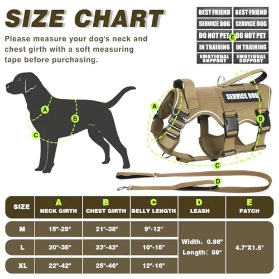 Service Dog Vest and Leash SetHeavy Duty Tactical Dog Harness with Metal Buckles for Sized Dogs Adjustable No-Pull Dog Harness