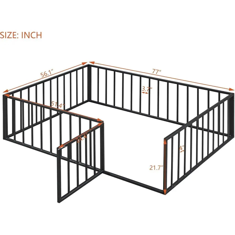 Full Size Metal Bed with Rail and Door for Kids, Suitable for Boys and Girls in Black