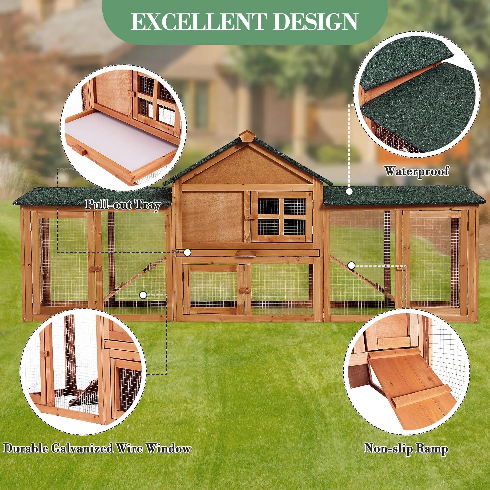 2-Story Bunny Hutch Rabbit Cage Outdoor With Double Side Runs, Pull-Out Tray, Ramp, Roof For Guinea Pigs & Small Pets