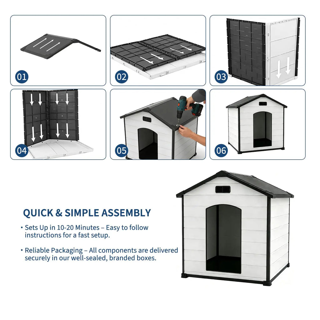 Outdoor Dog House, Waterproof Insulated Dog Kennel with Elevated Floor and Removable Roof, Durable Plastic Pet Shelter for Backyard, for Large Dogs, 46" L x 40" W x 40" H, Cement Gray
