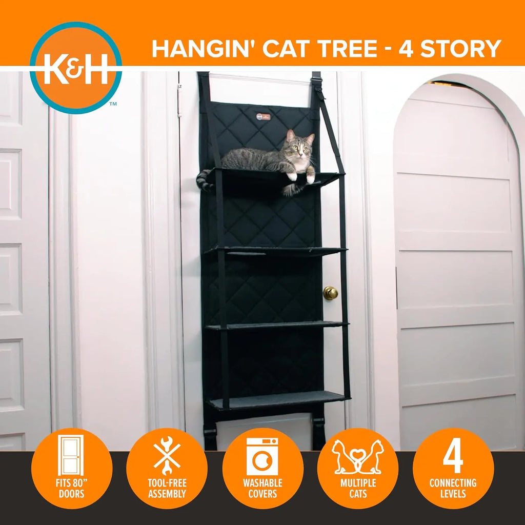 K&H Pet Products Hangin Cat Tree Door Mounted Cat Furniture, Space Saving Multi-Level Wall Perch Hammock Bed, Interconnecting Le