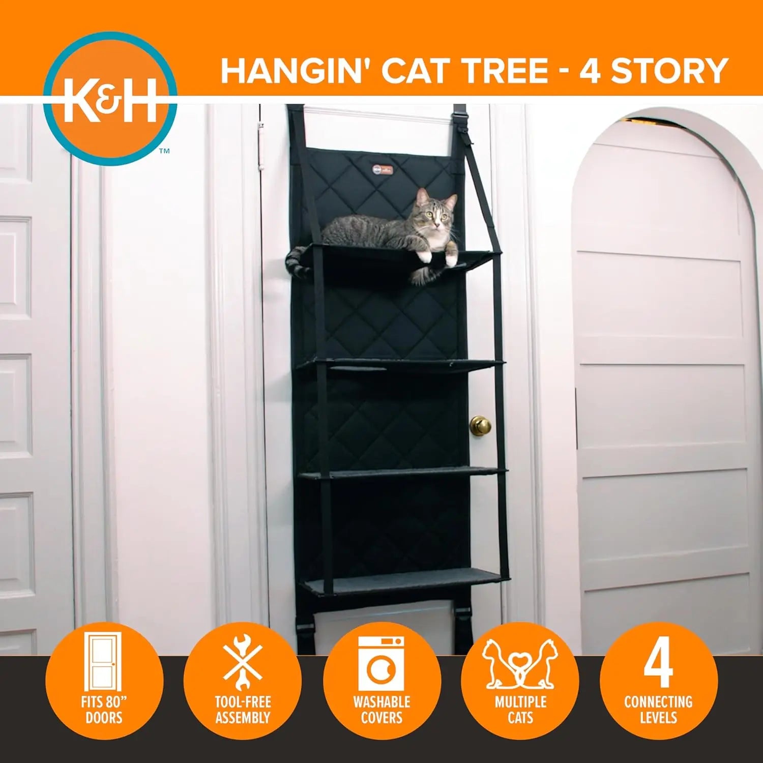 K&H Pet Products Hangin Cat Tree Door Mounted Cat Furniture, Space Saving Multi-Level Wall Perch Hammock Bed, Interconnecting Le