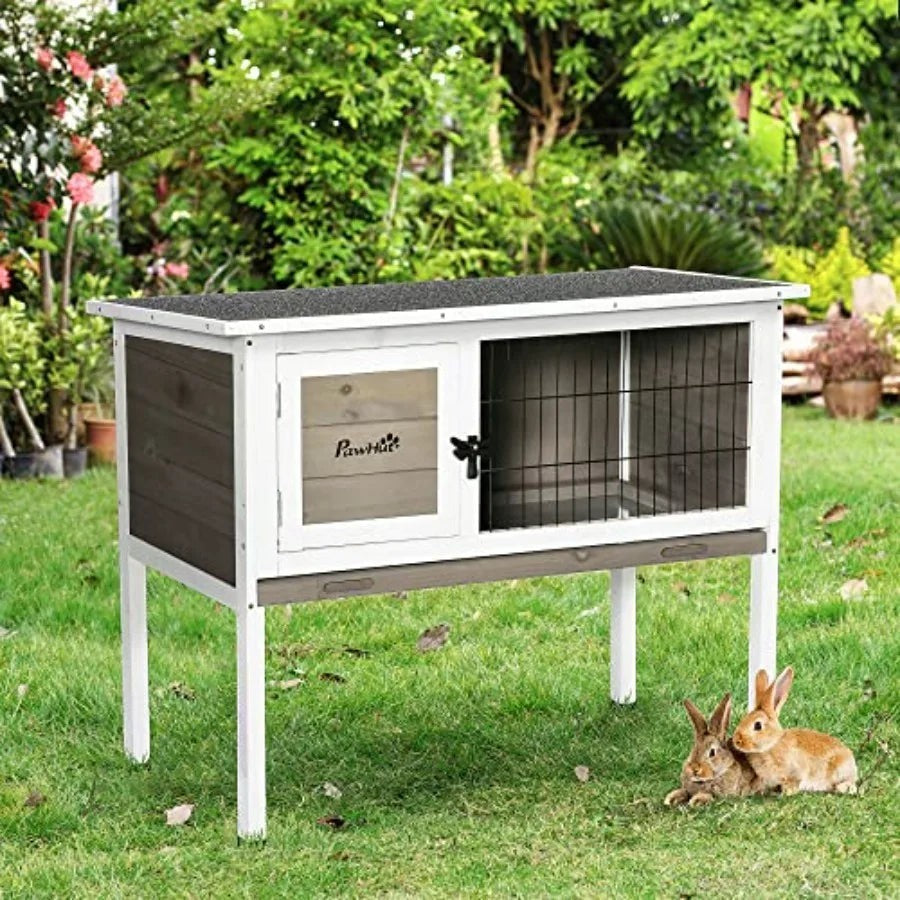 Elevated Wooden Rabbit Hutch, Indoor/Outdoor Bunny Cage with Hinged Asphalt Roof and Removable Tray for Guinea Pig