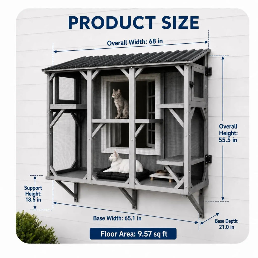 Catio Cat Enclosure, Wood Window Box, UV-Resistant Roof & Rust-Resistant Steel Mesh, Pet House with 2 Lounging Boxes and 5 Platforms, All-Weather Use, Keeps Insects Out