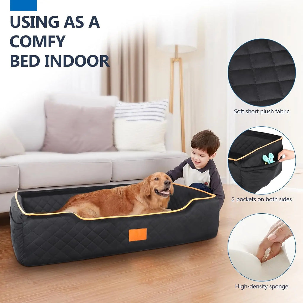 Large Dog Car Seat for Backseat & Trunk, Memory Foam, Washable Cover, Safety Belts, Fits Dogs Under 100 lbs