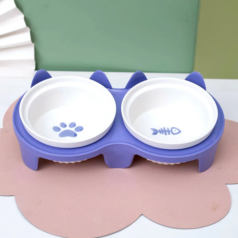 Pet Feeding Bowl Cat Single Capacity 15° Tilt Neck Protection Anti Slip Stainless Steel Indoor Daily Kitten Plastic Base