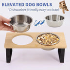 Elevated Cat Bowls 15° Tilted Raised Cat Food Bowls with Wooden Stand Anti Vomiting 2 Stainless Steel Bowls and Mat Set for Cats Puppy