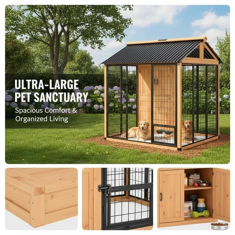 7' X 6' Extra Large Dog House, Wood Outdoor Dog Kennel with Storage Cabinet, Stainless Steel Bowls, Light Yellow