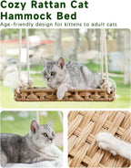 Cat Window Perch Hammock Bed for Indoor Cats, Large Handwoven PE Rattan Window Seat, 4 Suction Cups, Washable Cushion, 2.3 Inch Fence Shelf