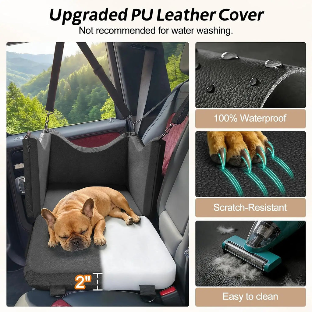 Waterproof PU Leather Dog Car Seat for Small Medium Dogs Under 35lbs, Detachable Cover, Memory Foam, Safety Belt & Storage Pockets