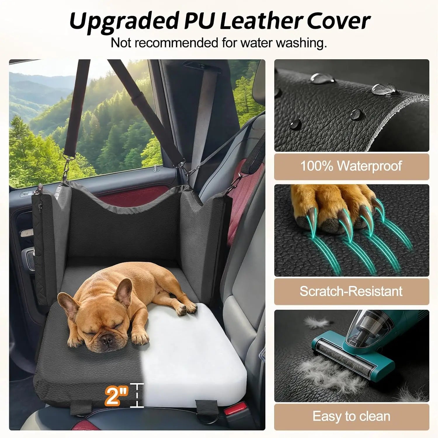 Waterproof PU Leather Dog Car Seat for Small Medium Dogs Under 35lbs, Detachable Cover, Memory Foam, Safety Belt & Storage Pockets