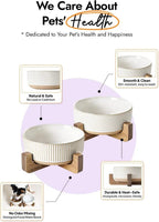 Ceramic Dog Bowls for Medium Large Dogs - 5 Cup Large Dog Food and Water Bowls with Wood Stand, Cute Pet Dishes Set of 2, Lines+Dot