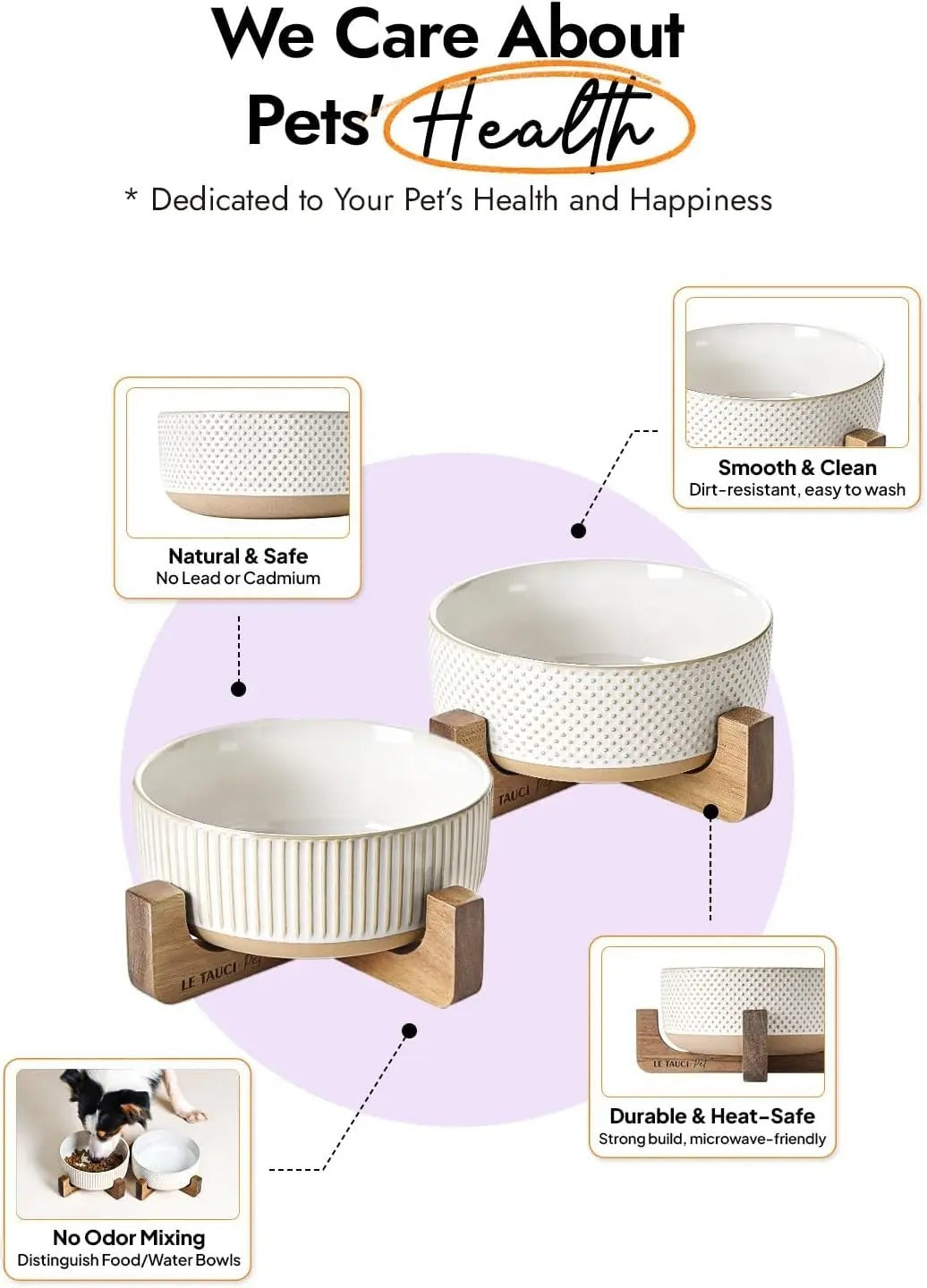 Ceramic Dog Bowls for Medium Large Dogs - 5 Cup Large Dog Food and Water Bowls with Wood Stand, Cute Pet Dishes Set of 2, Lines+Dot