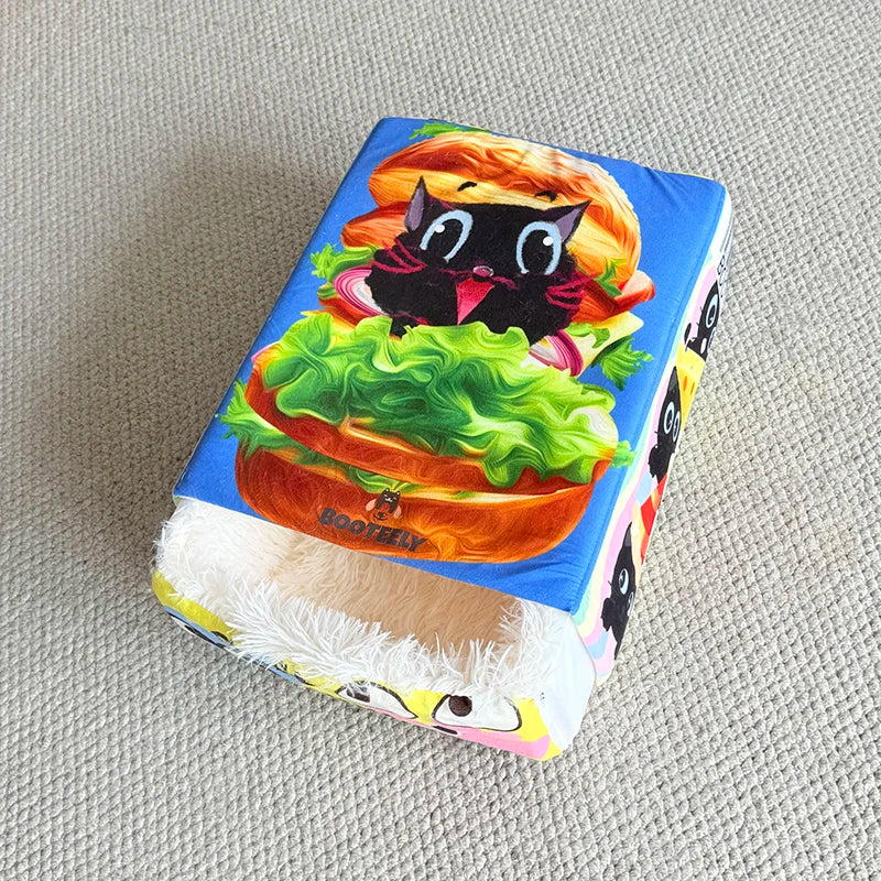 BOOTEELY Cartoon Hamburger Black Cat Snack Box Plush Cat Bed Spacious Cozy Pet Nest For Cats' Comfortable Rest With Cute Design
