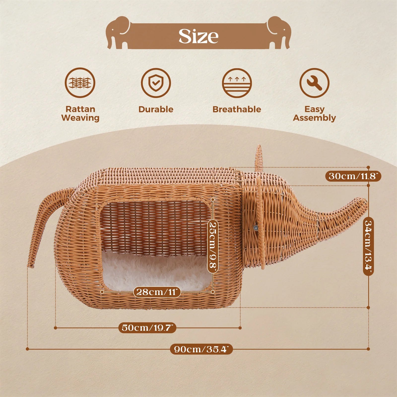 Elephant Rattan Cat Condo: Woven-Style Wicker Hideaway with Cushion