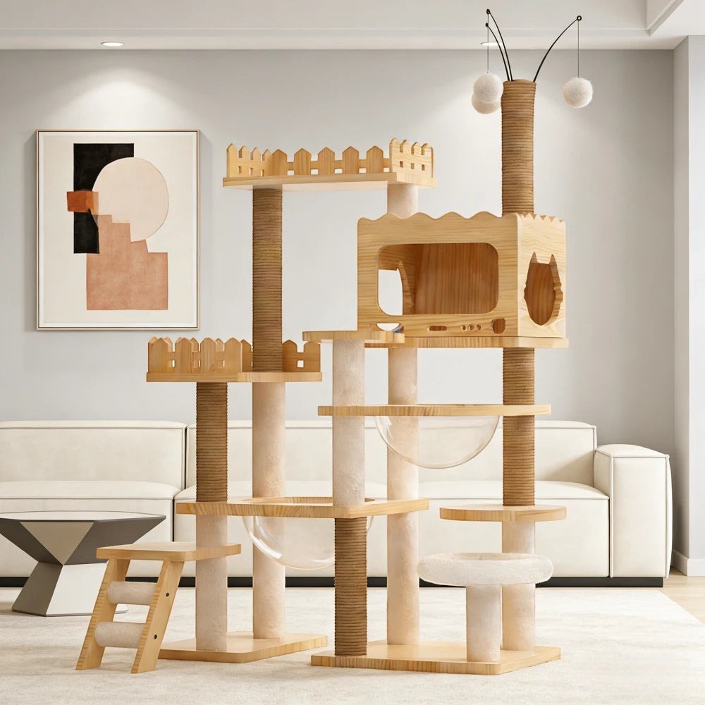 Modern Wooden Cat Tree Tower for Indoor Cats, Multi-Level Cat Condo with Sisal Scratching Posts, Top Perch & Acrylic Hammock, Durable Large Activity Center for Multiple Kittens