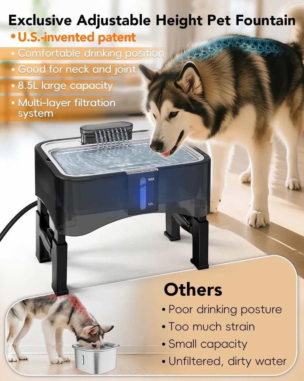 Mincy Pets Elevated Adjustable Dog & Cat Water Fountain product photo.