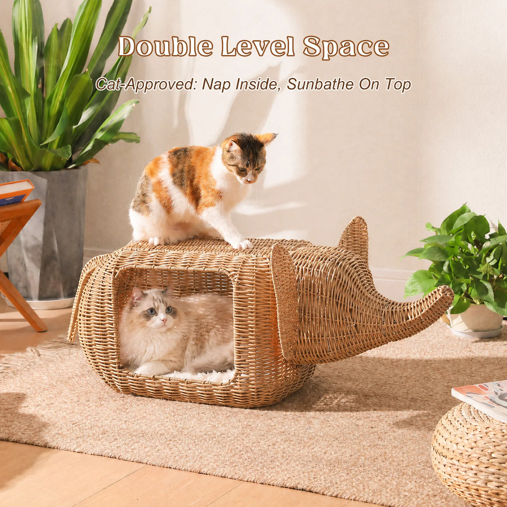Elephant Rattan Cat Condo: Woven-Style Wicker Hideaway with Cushion