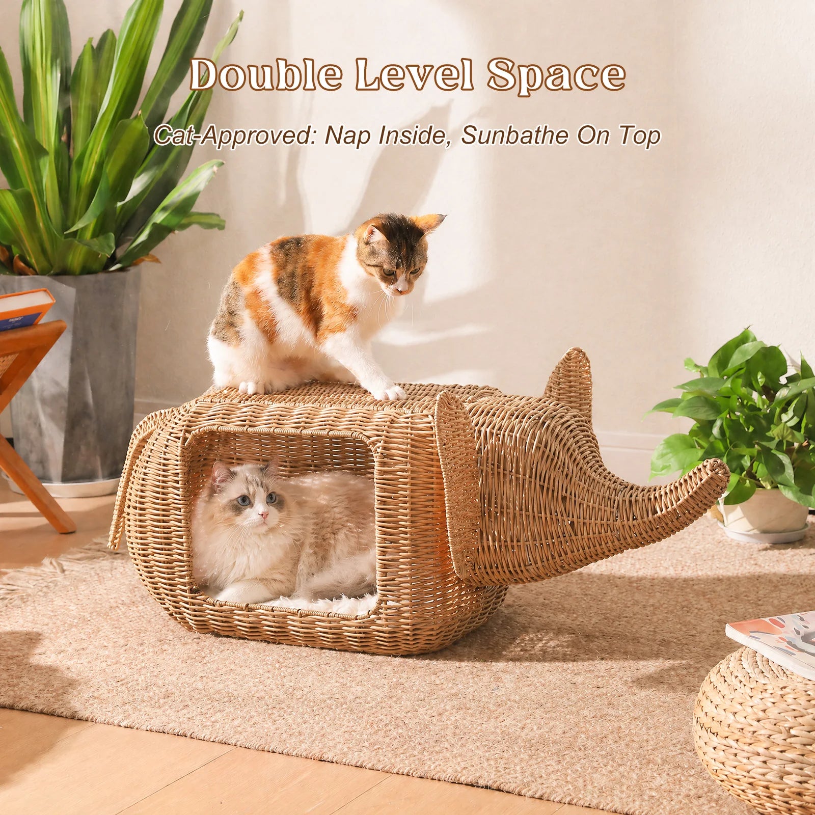 Elephant Rattan Cat Condo: Woven-Style Wicker Hideaway with Cushion