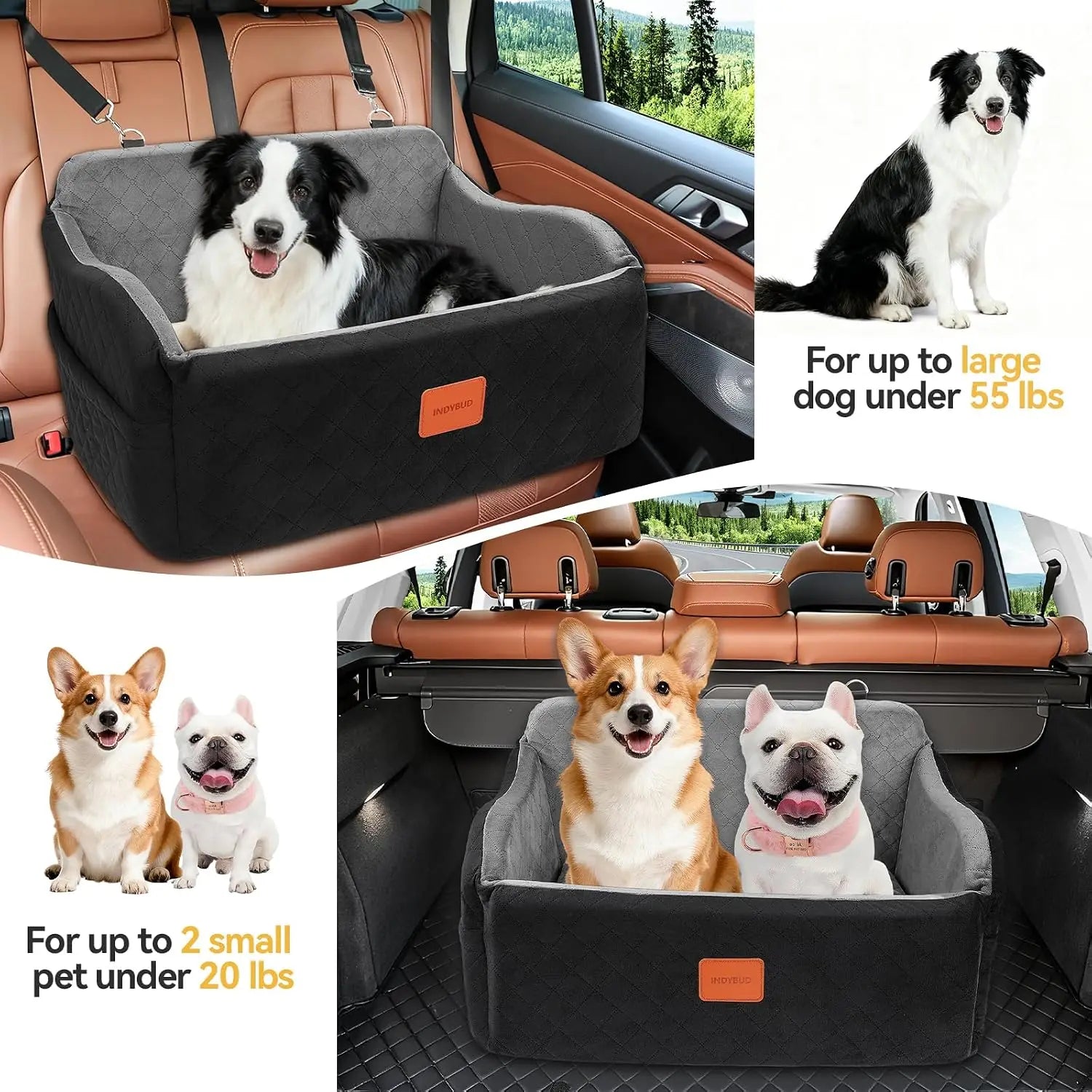 Memory Foam Dog Car Seat for Medium/Large Dogs, Booster Seat for Backseat with Safety Leashes, Black/Grey, Large