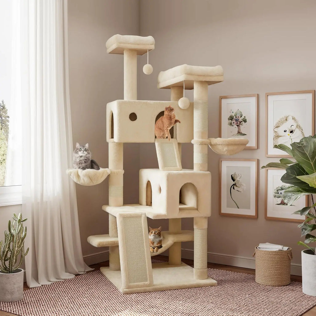 65in Larger Cat Tree Tower Condo for Indoor Kitties/Multi-Level Furniture Activity Center with Wide Base/Cozy Plush Cat Perches/
