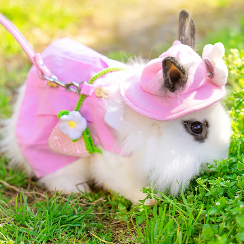 Cute Bunny Pet Vest Accessories Outdoor Leash Rabbit Clothes with Bag Hat Harness Strap Leash Dress Clothes for Guinea Pig