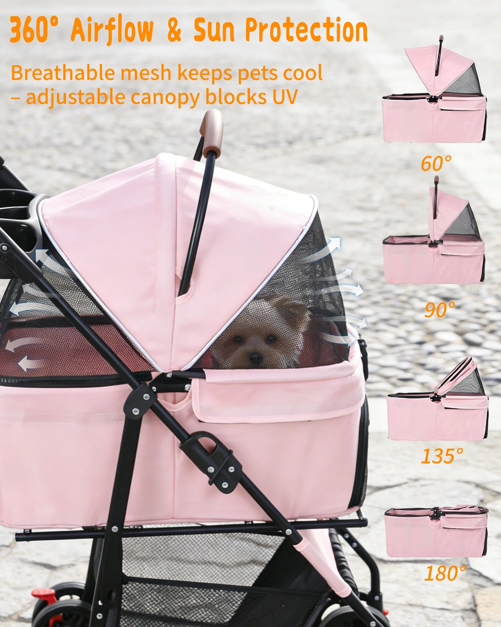 Portable Pet Stroller with Removable Pet Carrier Foldable Stroller for Small to Medium-Sized Cats and Dogs