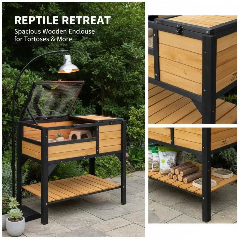 Tortoise Habitat, Wooden Tortoise House Indoor & Outdoor, Tortoise Enclosure with Light Stand, Reptile Enclosure Small Animal Cage with Stand Legs for Gecko, Lizard, Snake