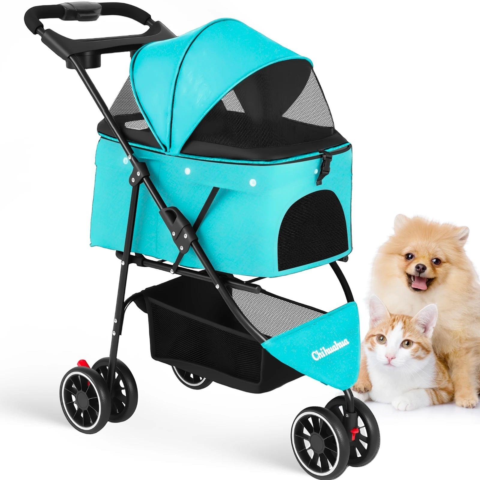 Mincy Pets Foldable 3-Wheel Pet Stroller with Mesh Canopy product photo.