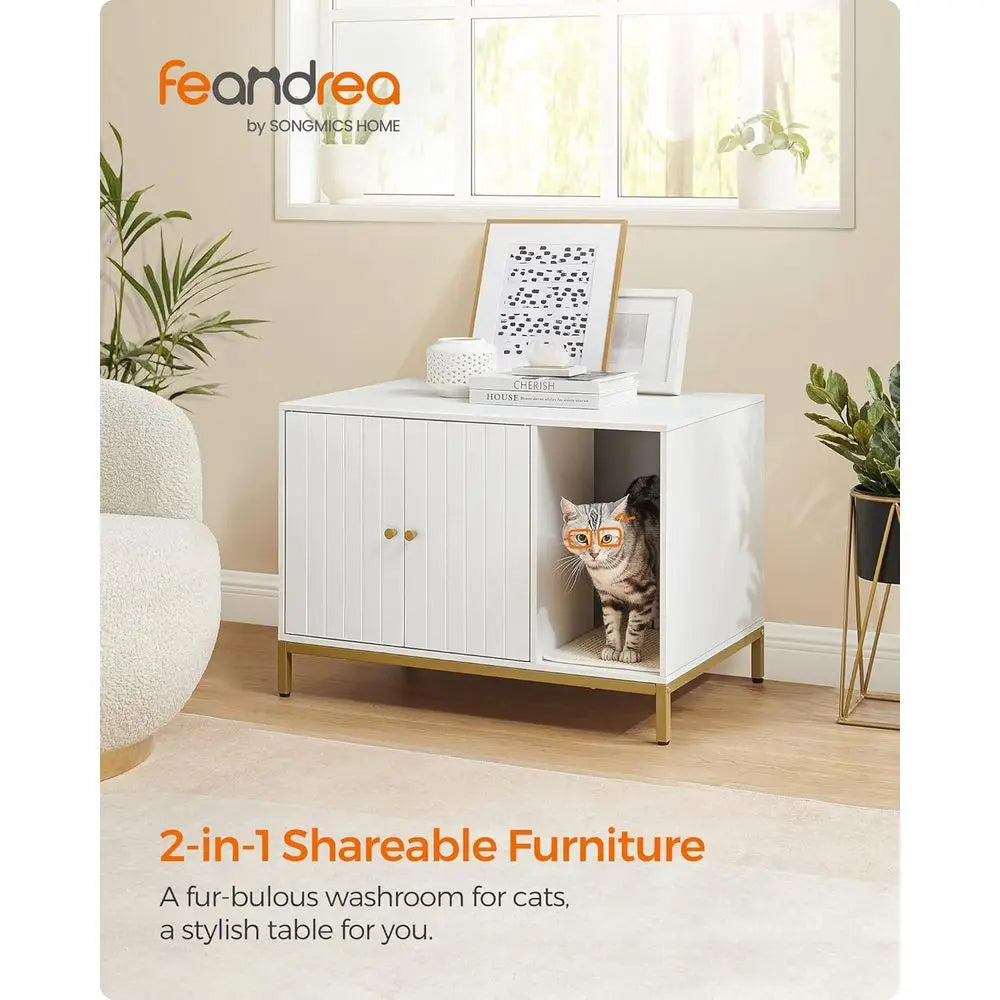 White & Gold Litter Box Cabinet — Winding Entry, Scratch Pad