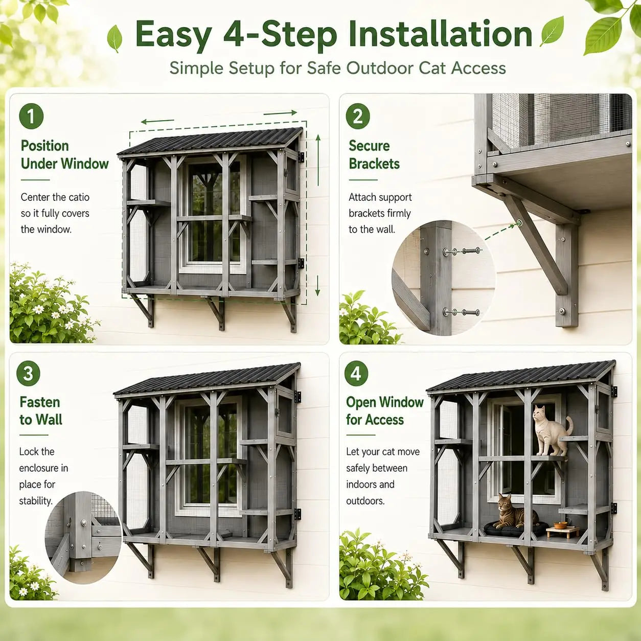 Catio Cat Enclosure, Wood Window Box, UV-Resistant Roof & Rust-Resistant Steel Mesh, Pet House with 2 Lounging Boxes and 5 Platforms, All-Weather Use, Keeps Insects Out