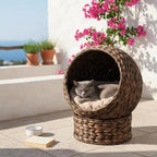 PawHut Water Hyacinth Cat Basket with Cushion, Cat Bed, Pet Bed, 50 cm x 42 cm x 60 cm, Brown + Beige