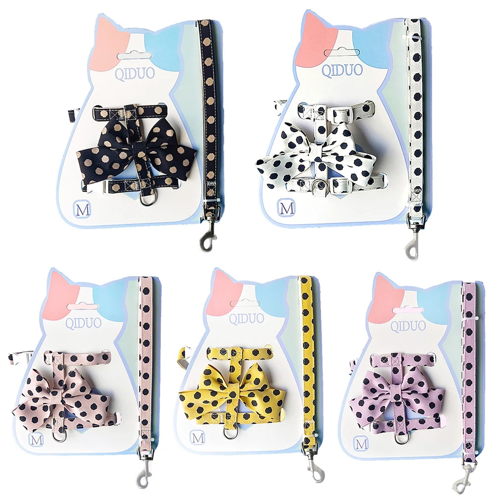 Stylish Polka Dot Pet Bow Harness & Leash Set Cute Puppy Kitten Small Dog Cat Vest Secure Adjustable Walking Cute Bow Collar