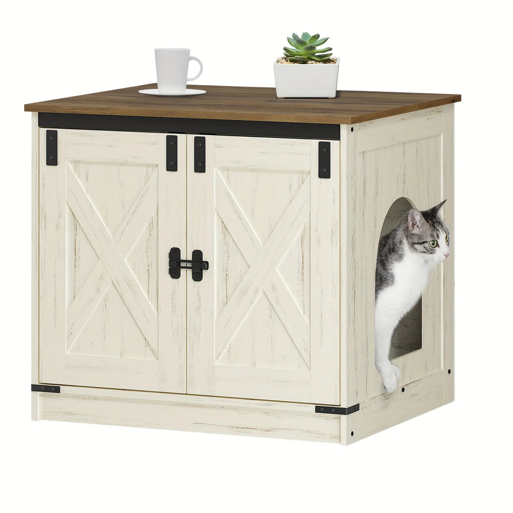 Hillcrest Reversible Litter Box Cabinet — Hidden Storage, Barn Door Design