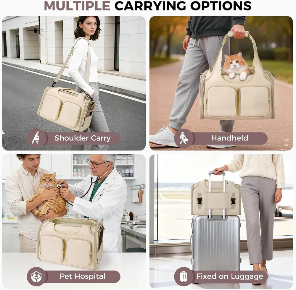 Dog & Cat Carrier for Pets Up to 12 Lbs, Airline Approved Collapsible Soft-Sided Travel Bag with Locking Zippers, Breathable Mesh & 4 Large Pockets, Removable Fleece Pad