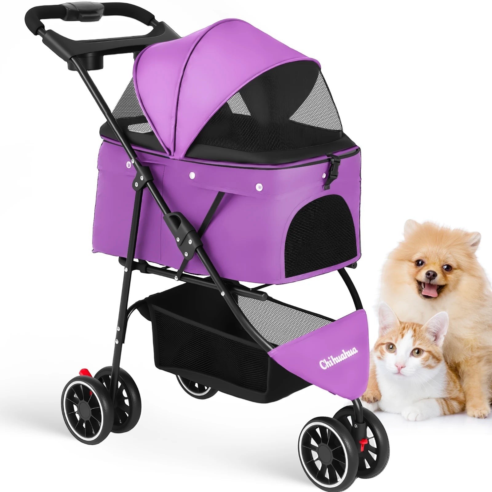 Mincy Pets Foldable 3-Wheel Pet Stroller with Mesh Canopy product photo.