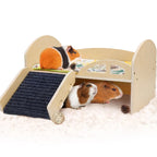 Guinea Pig Bed with Stable Stairs & Mat Wood Pet Toy Bed Reusable Multi-Level Guinea Pig Castle for Hamsters Bunny Chinchillas