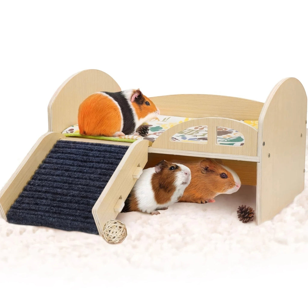 Guinea Pig Bed with Stable Stairs & Mat Wood Pet Toy Bed Reusable Multi-Level Guinea Pig Castle for Hamsters Bunny Chinchillas