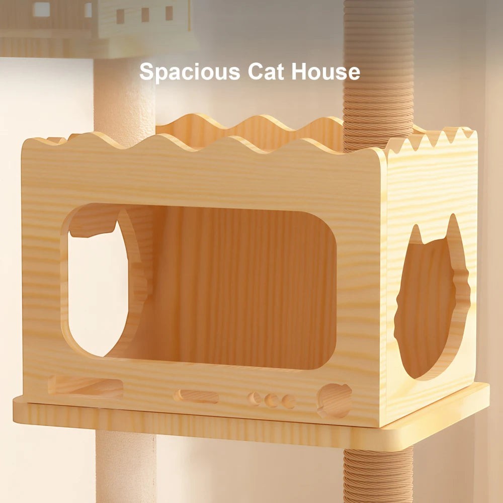 Modern Wooden Cat Tree Tower for Indoor Cats, Multi-Level Cat Condo with Sisal Scratching Posts, Top Perch & Acrylic Hammock, Durable Large Activity Center for Multiple Kittens