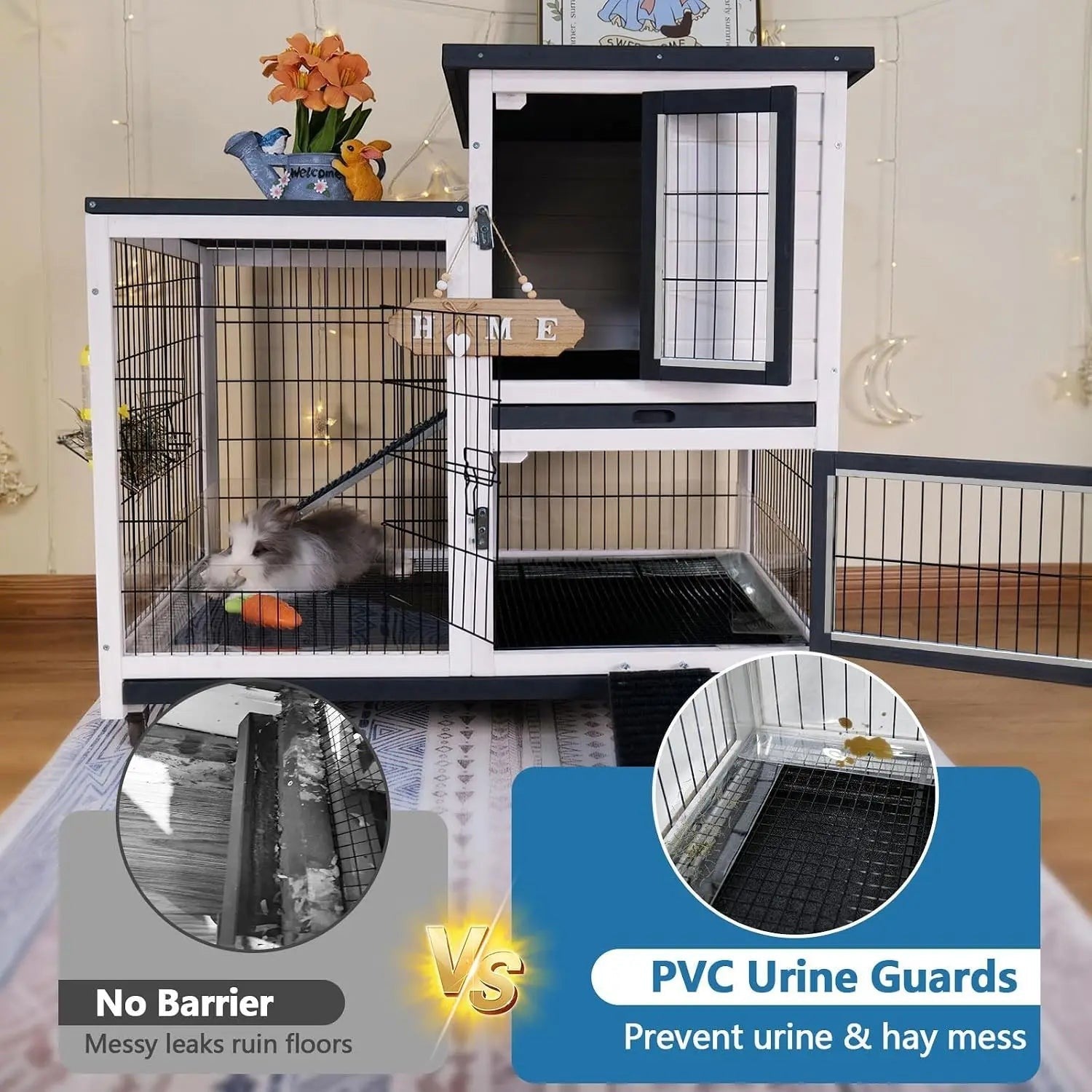 2-Story Rabbit Hutch Indoor Outdoor with Urine Guards Chew-Resistant Ramp Leak-Proof Trays Wheels