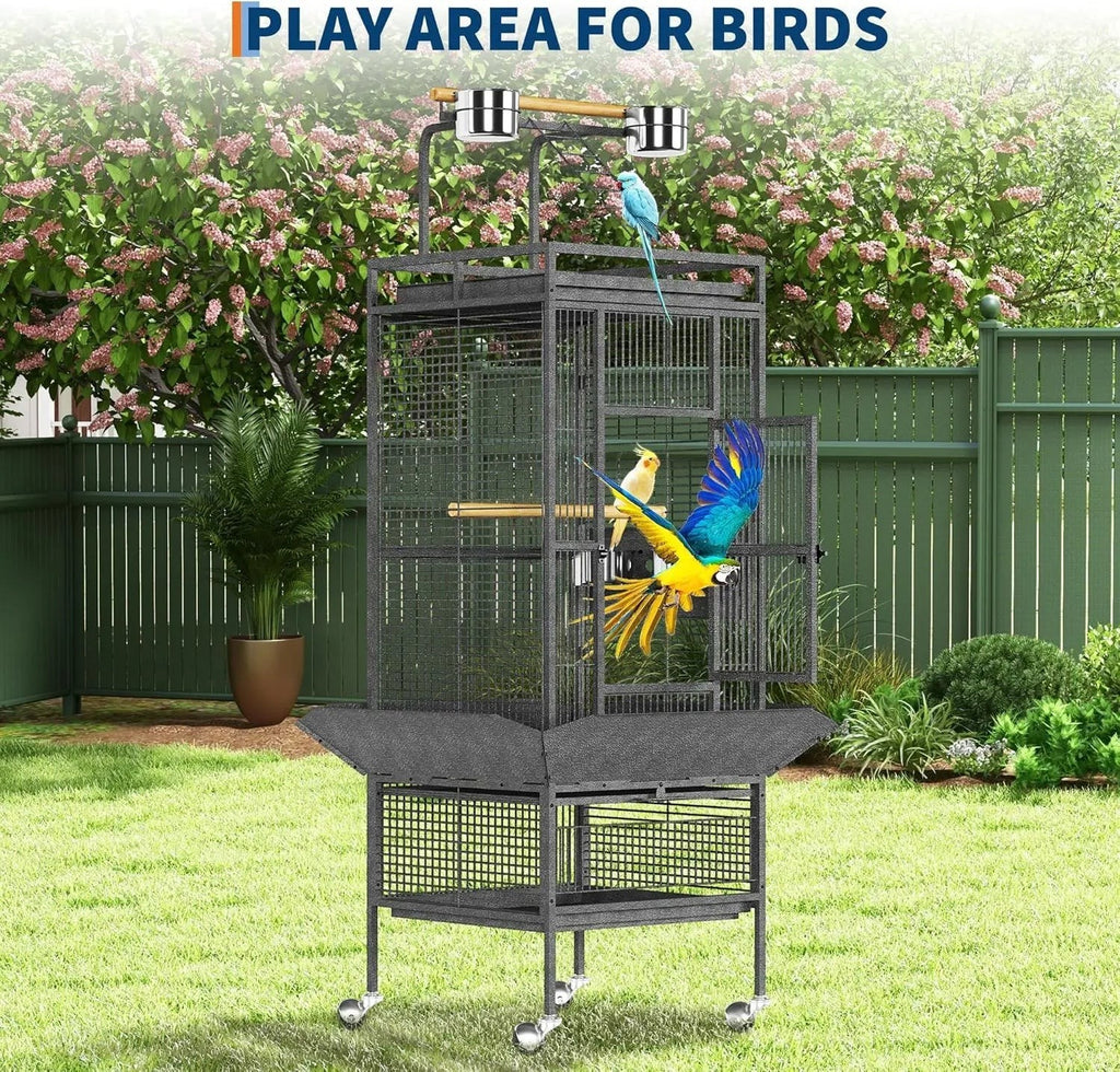 Large Bird Cage, Metal Parakeet Cage with Play Top, Wood Perches & Feeder, Spacious Rolling Flight Cage for Parrots, Cockatiels