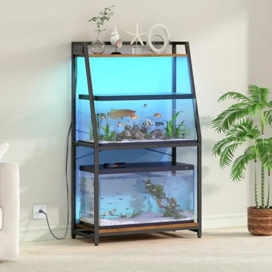 Fish tank stand for 20-29 gallon aquariums, metal frame, rustic brown, heavy duty with power outlets and LED light, 33.1'' L x