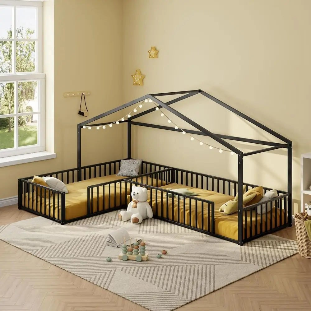 Twin Size L-Shaped Loft Bed with Metal Frame and Guardrails, Double Twin Beds for 2 Kids, No Slats, Easy Assembly, Black