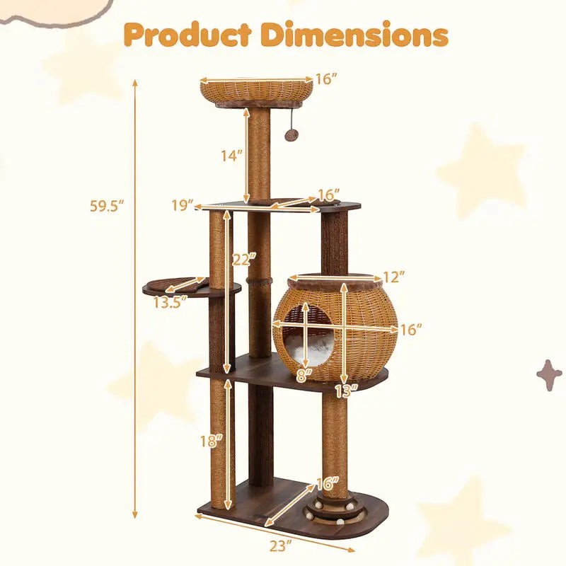 Multi-Level Cat Tree with PE Rattan Condo and Sisal Scratching Posts, Hanging Toy and Top Perch for Indoor Climbing Play, Brown, 59.5 Inch