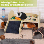 Guinea Pig Bed with Stable Stairs & Mat Wood Pet Toy Bed Reusable Multi-Level Guinea Pig Castle for Hamsters Bunny Chinchillas